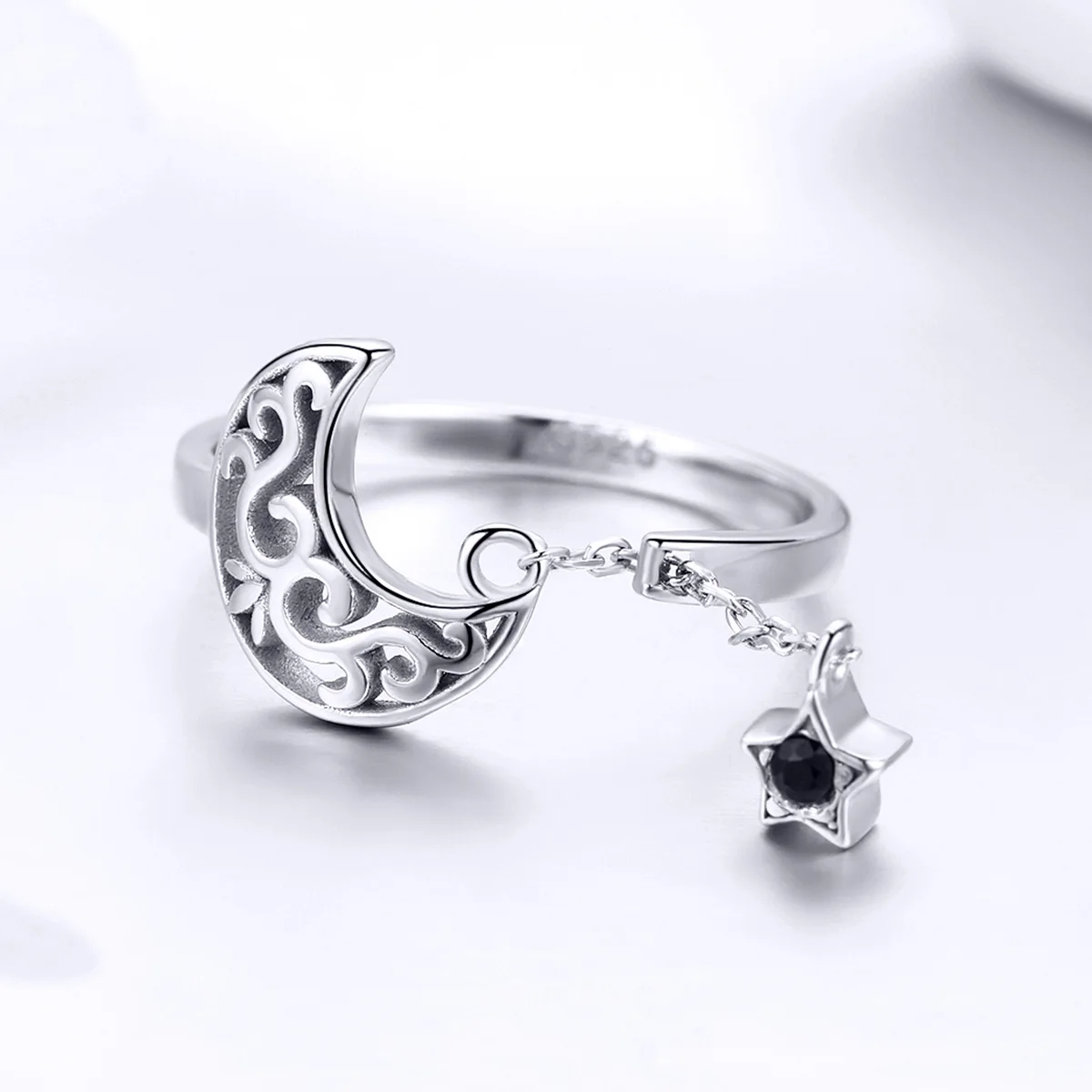 

925 Sterling Silver Moon And Star Long Chain Star Adjustable Finger Ring