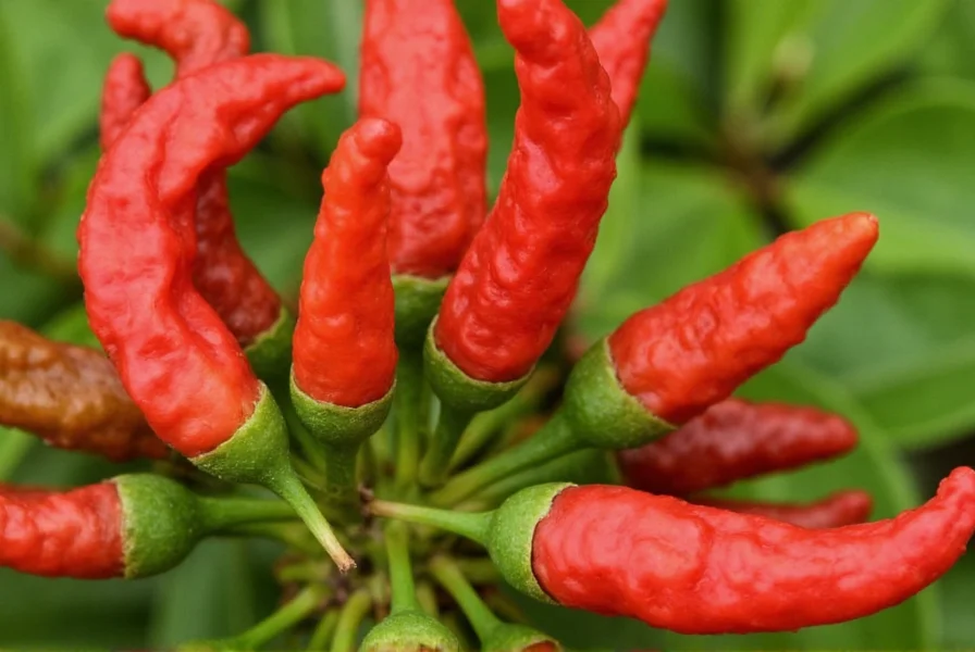 Close-up of Tasmanian Devil chili pods showing distinctive wrinkled texture and vibrant red color on plant