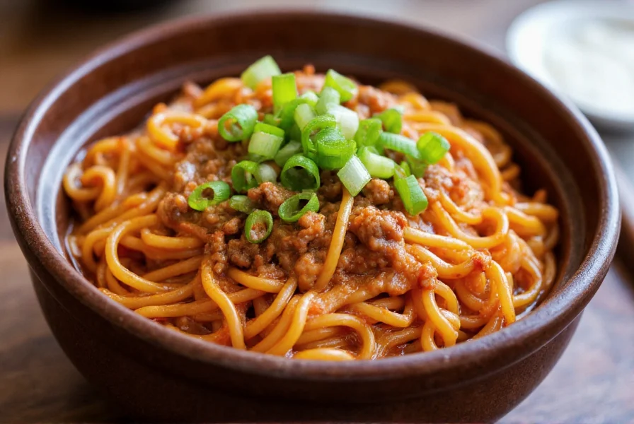 Close-up of authentic Sichuan chili noodles with red chili oil, minced pork, and green onions in a traditional Chinese ceramic bowl