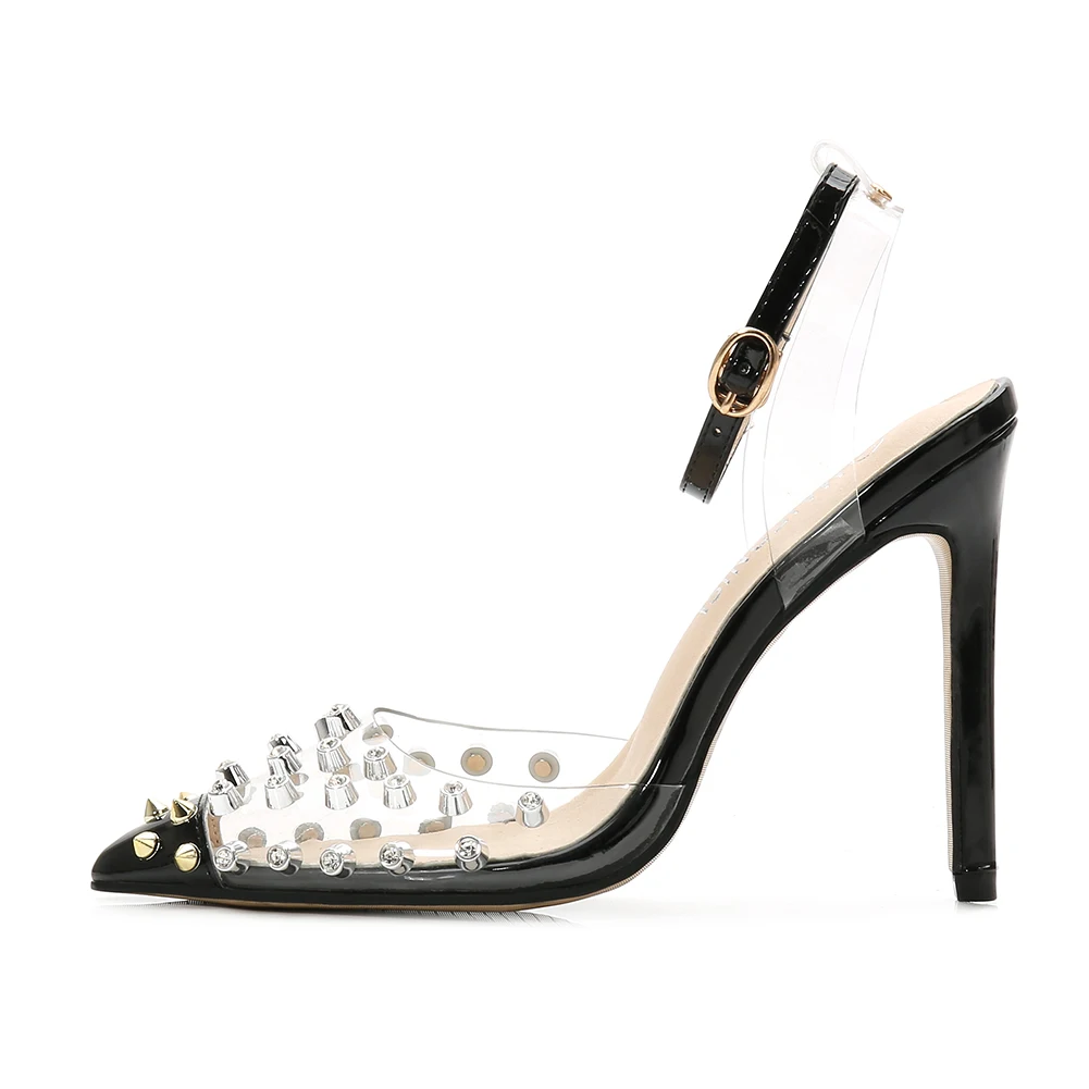 

Dropshipping shos Summer Women Sandals pointed toe lady high heels with rivet women's dress shoes Outdoor Holiday heeled Sandals, Black, silver