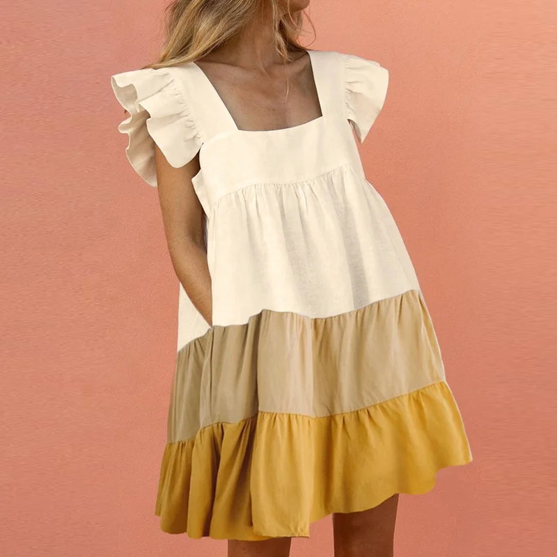 

2021 Summer Casual Loose Mini Dress Women Square Collar Party Dress Sleeve Print Beach Dress, As pictures