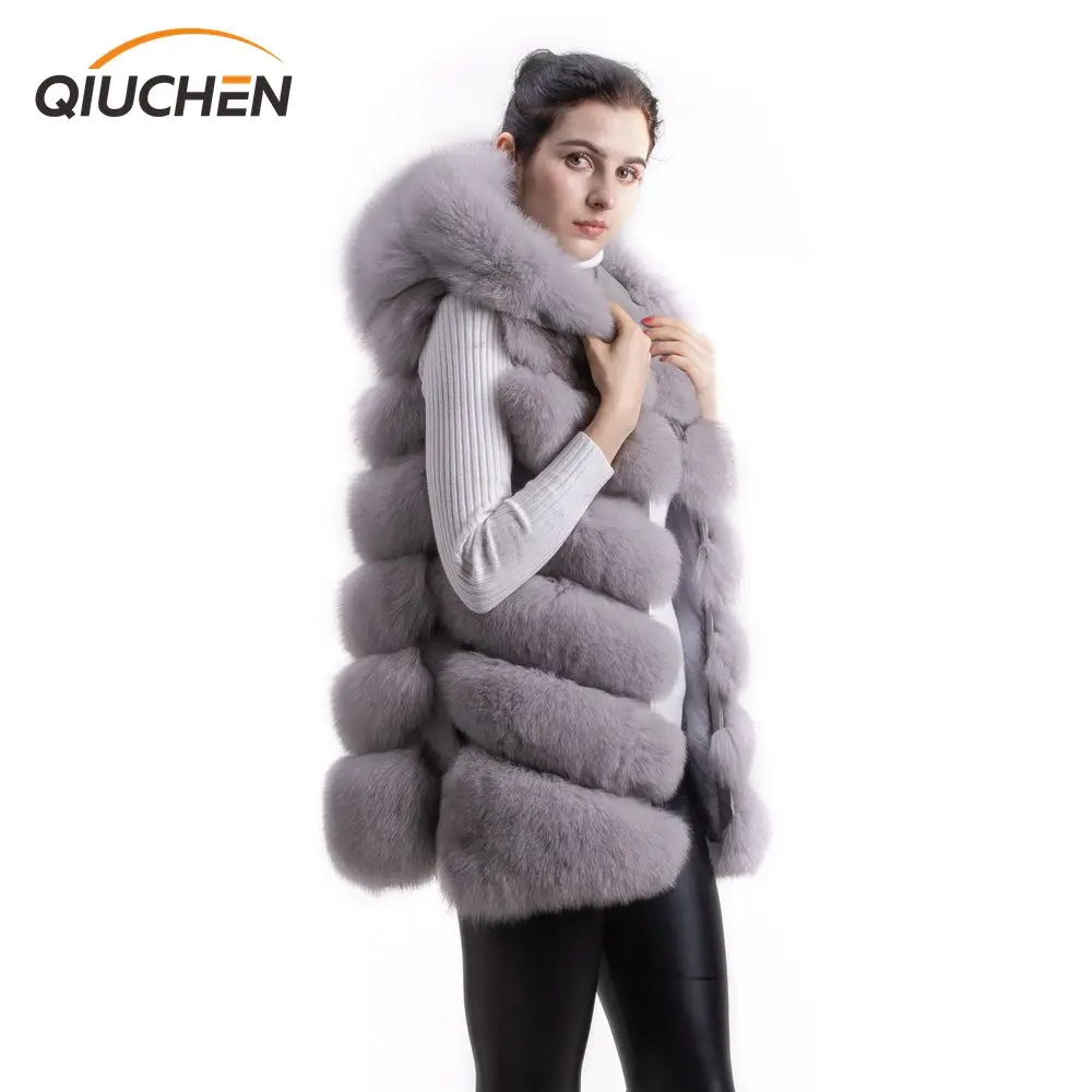 

QIUCHEN- QC8056 FREE SHIPPING New arrival full pelt real fox fur hoodie vest high quality thick fox fur gilet fashion girl's