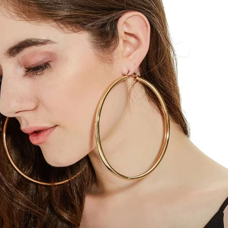 

high quality 2mm Thick stainless steel Jewelry handmade huge big large oversized 18k gold filled circle hoop earrings