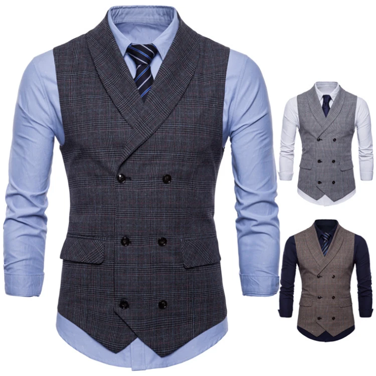 

Smart Casual Men's Vests & Waistcoats Formal Suits Vest Chalecos Hombre Cotton Plaid Men's Innerwear Vest, Brown gray black