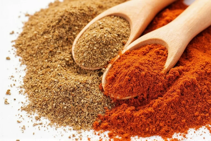 Whole cumin seeds and ground cumin spice on wooden background