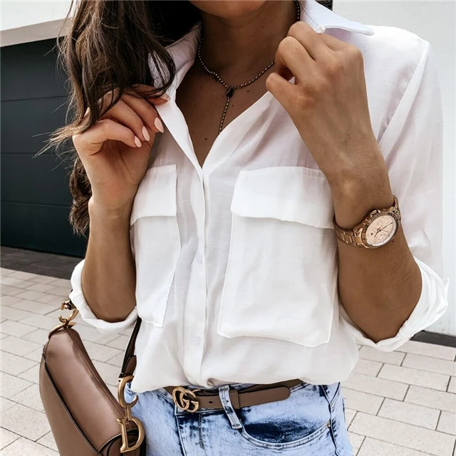 

Summer Solid Color Casual Loose Pocket Long Sleeve Shirt Women, Picture color