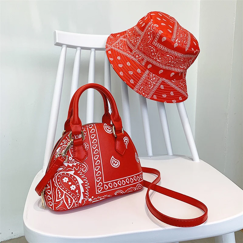 

2021 Red Cashew Flower Women Hand Bags Set Bandana Print Bucket Hat and Matching Paisley Bag Purse Sets, 9 colors