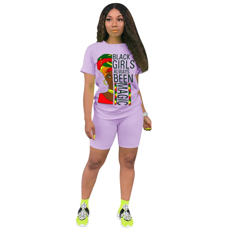 

9S4U Plus Size Women's European American fashion leisure sports printed round neck short sleeve T-shirt tops shorts two-pieces, Customized color