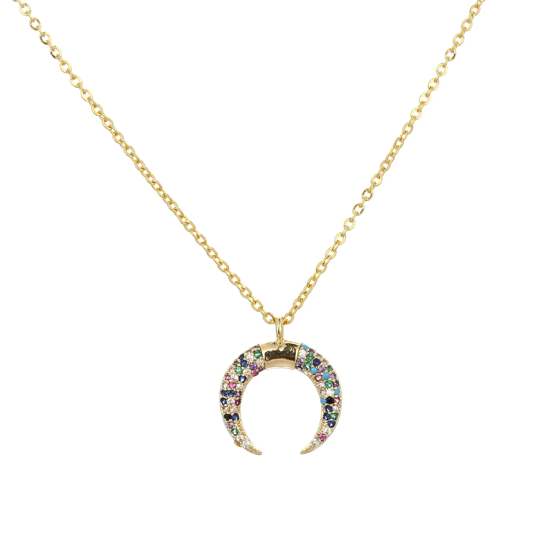 

Wholesale Classic Temperament Colorful Zircon Diamond 14k Gold Plated Jewelry Clavicle Chain Crescent Moon Pendant Necklace