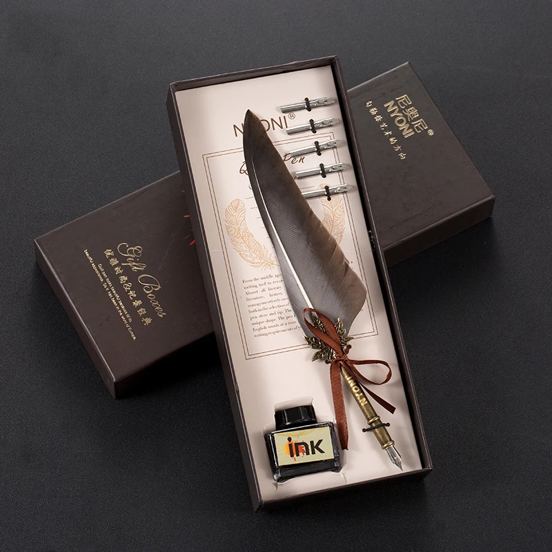 
Calligraphy quill ink dip set writing antique vintage feather pen and ink set 