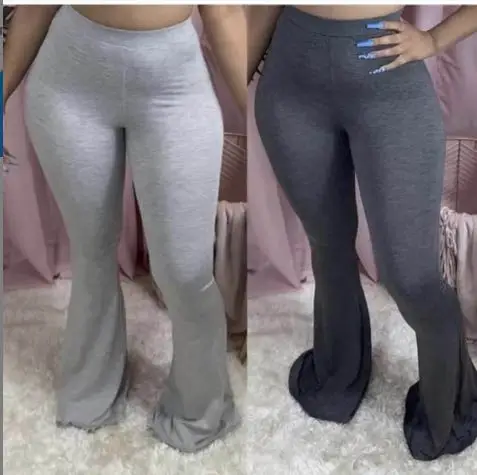 

plus size ladies leggings 2021 Solid color Women high Waist stacked pants leggings flare pants