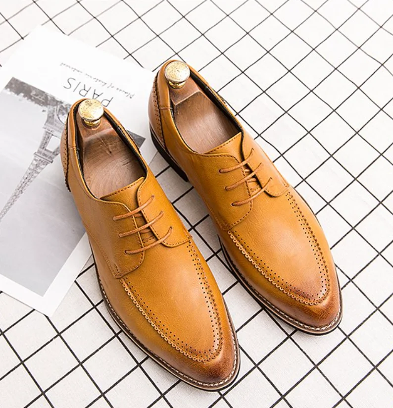 

2021 men's leather shoes spring casual faux leather shoes elastic band fashion work men's shoes European style, Black yellow