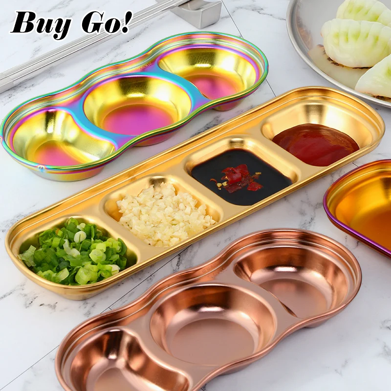 

Amazon Hot Sale Divided Plates Dishes Serving Dish Stainless Steel Wasabi Sushi Sashimi Soy Sauce Dish with Compartments