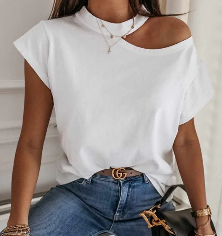 

2021 Summer Women Simple Style Solid Color Design Off Shoulder Top T shirt