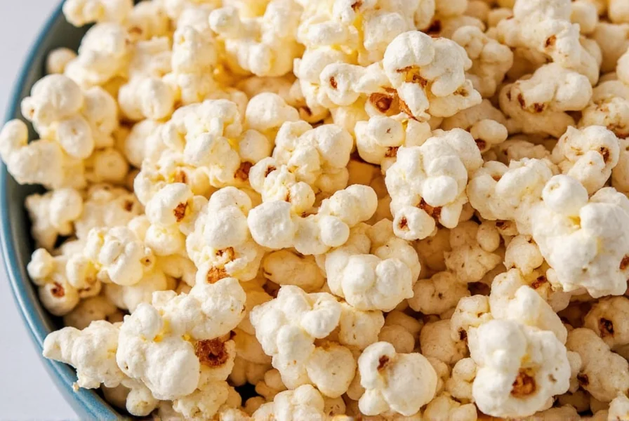 Homemade sugar cinnamon popcorn in a white bowl with cinnamon stick garnish