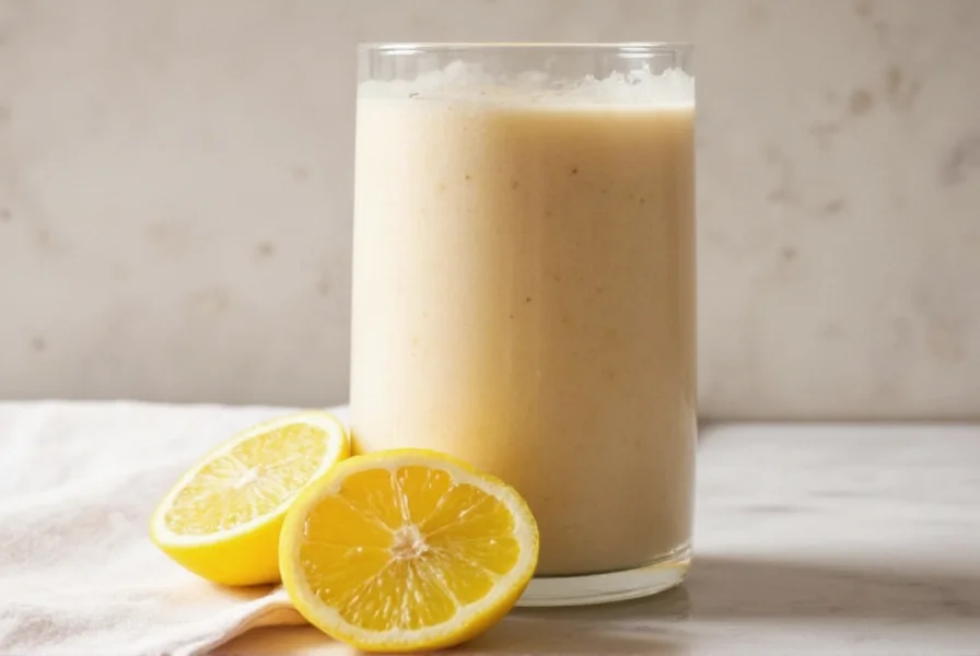 Fresh ginger root and smoothie ingredients arranged on wooden table
