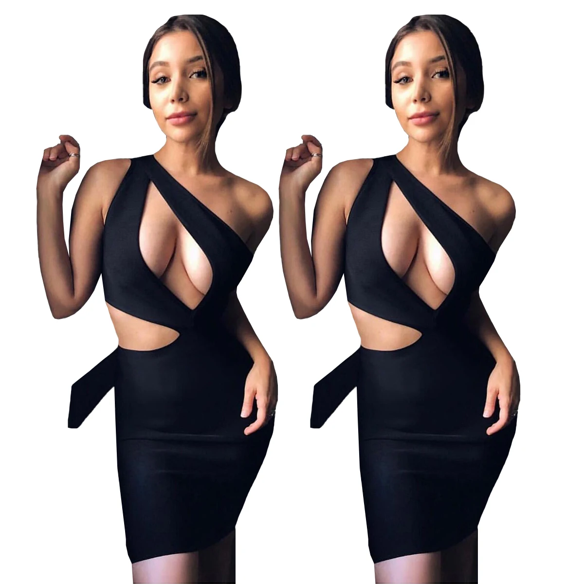 

Wholesale Custom Summer 2021 Ladies Hollow out One Shoulder Sexy Bodycon Club Dresses, White red black orange or accept color custom