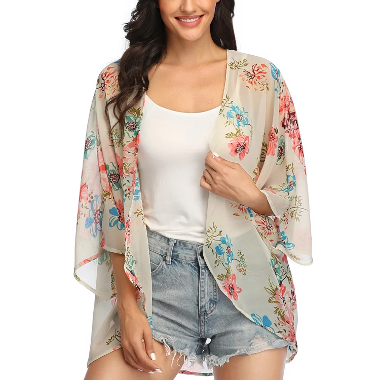 

Women's Summer Floral Print Kimonos Loose Half Sleeve Chiffon Cardigan Blouses Casual Cover Up