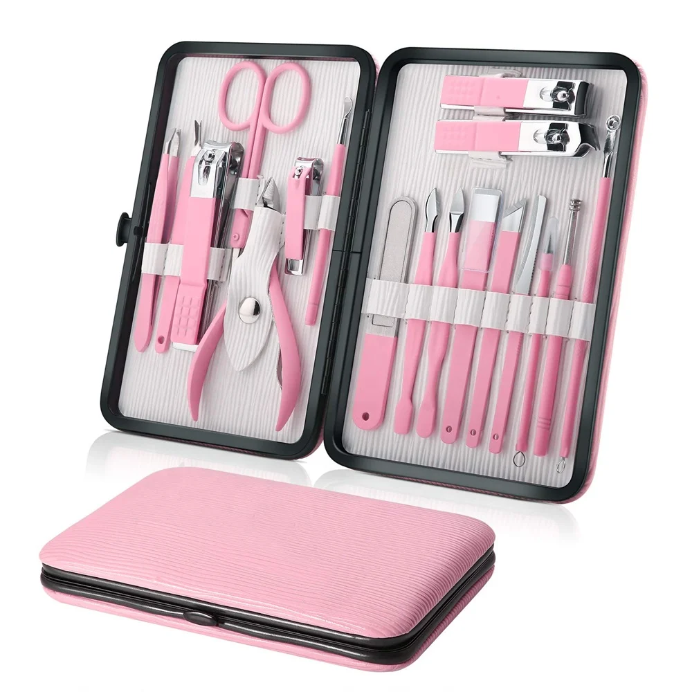 

Manicure Set Nail Clippers Kit Pedicure Care Tools- Stainless Steel Men and Women Grooming Kit 18Pcs, Pink Ripple Leather Case, Pink tools/ black frame/pink pu leather, or other custom colors
