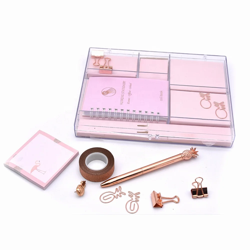 
Wholesale durable PS box stationery set Pink Tropical office set 