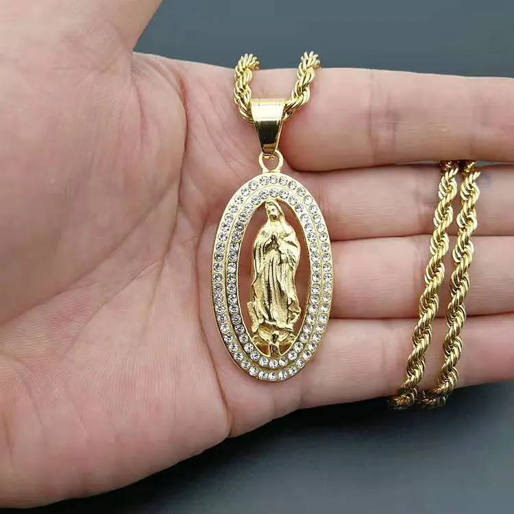 

Hip Pops Titanium Rhinestone Crystal Oval Shape Virgin Mary Pendant Crystal Oval Virgin Mary Drop Necklace