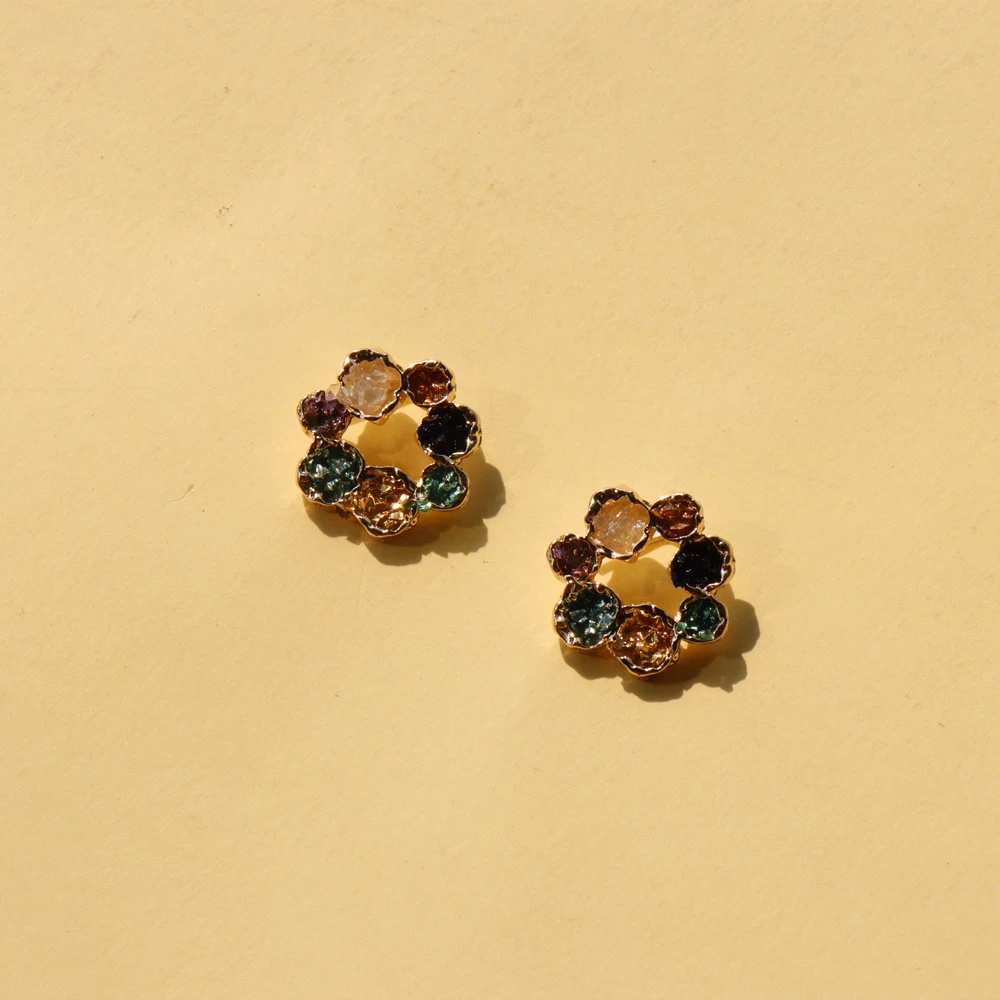 

Korean Vintage Colorful Rhinestone Stud Earrings For Women Sweet Flower Small Circle Jewelry Gift
