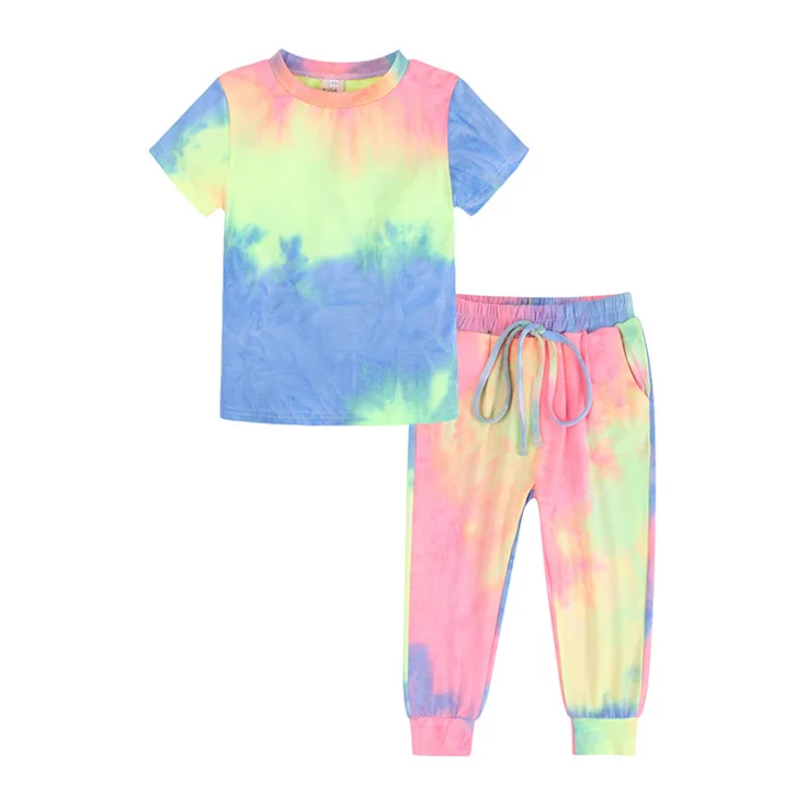 

Free Shipping Wholesale Kids Tie-dye Tracksuit Boys and Girls Short Sleeve Homewear Sets Toddler Baby Lace-up Trousers Outfits, 8 colors to choose