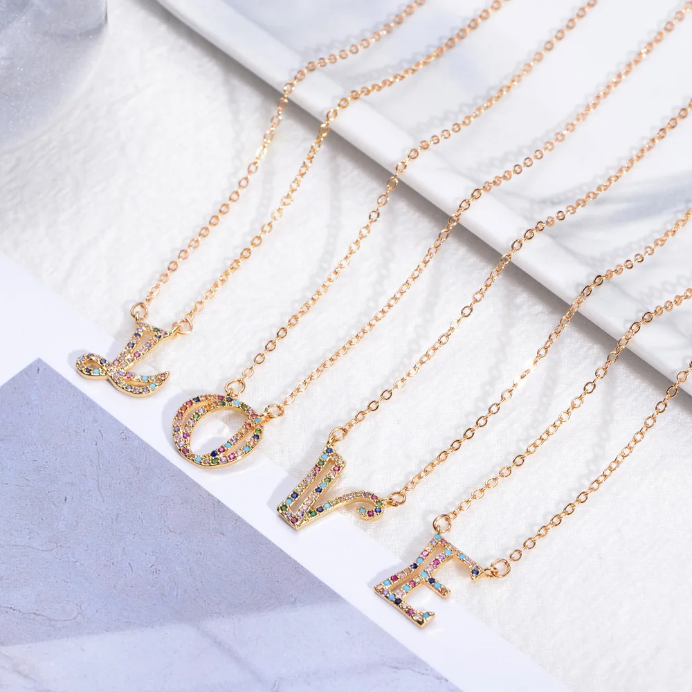 

Personalized Fashion Gold Plated Colorful Zircon 26 Initial Letter Pendant Necklace For Girls