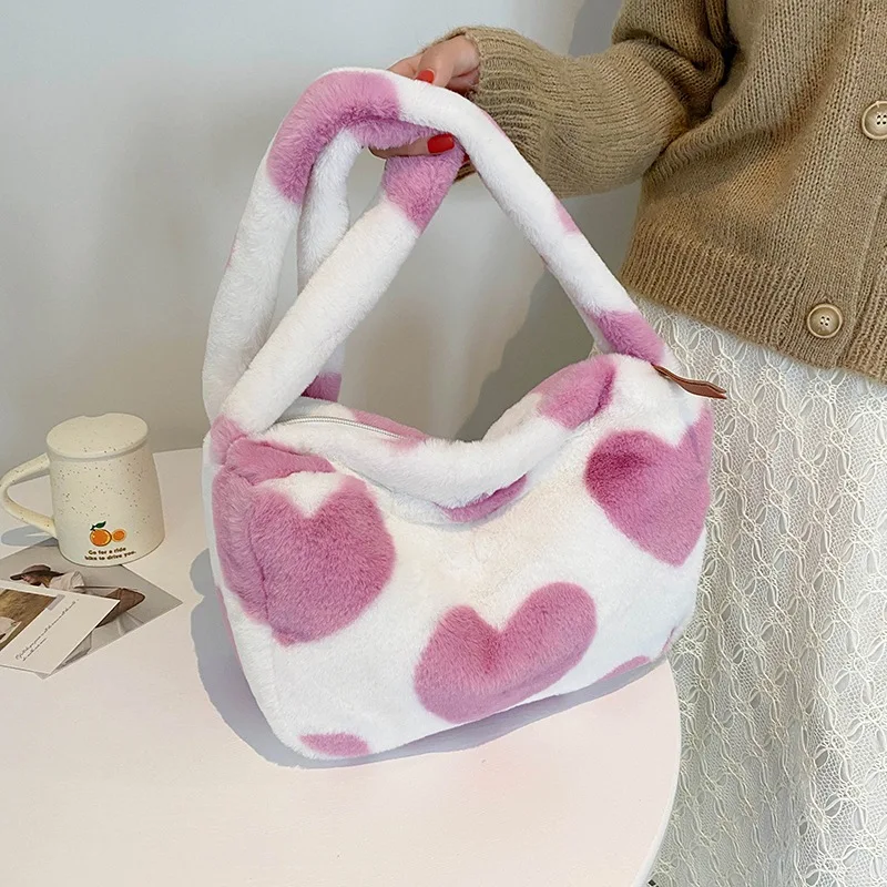 

winter heart printed plush furry women handbag purse warm fur wholesale shoulder crossbody new arrive women bags, As picture