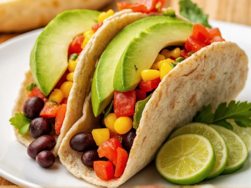 Colorful vegetarian taco with black beans and avocado