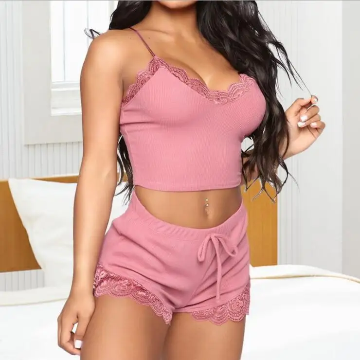 

2021 Women Sexy Threaded V-Neck Sleeveless Sleepwear Halter Cami Top PJ Set Two Piece Cotton Shorts Lace Pajamas Set