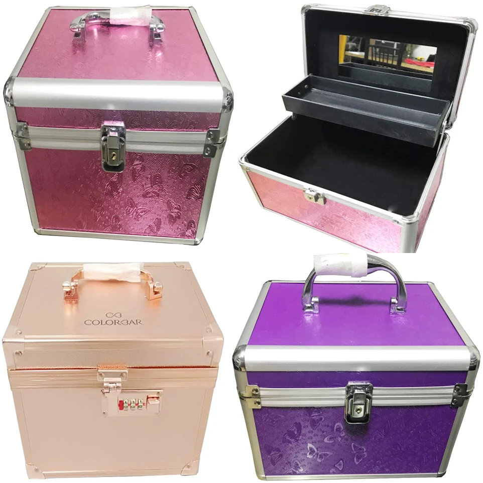 

aluminum vanity case ,make up case , beauty box trousseau box with trays and mirror combination lock in 4 colors approve, Deep purple or blue pink gold