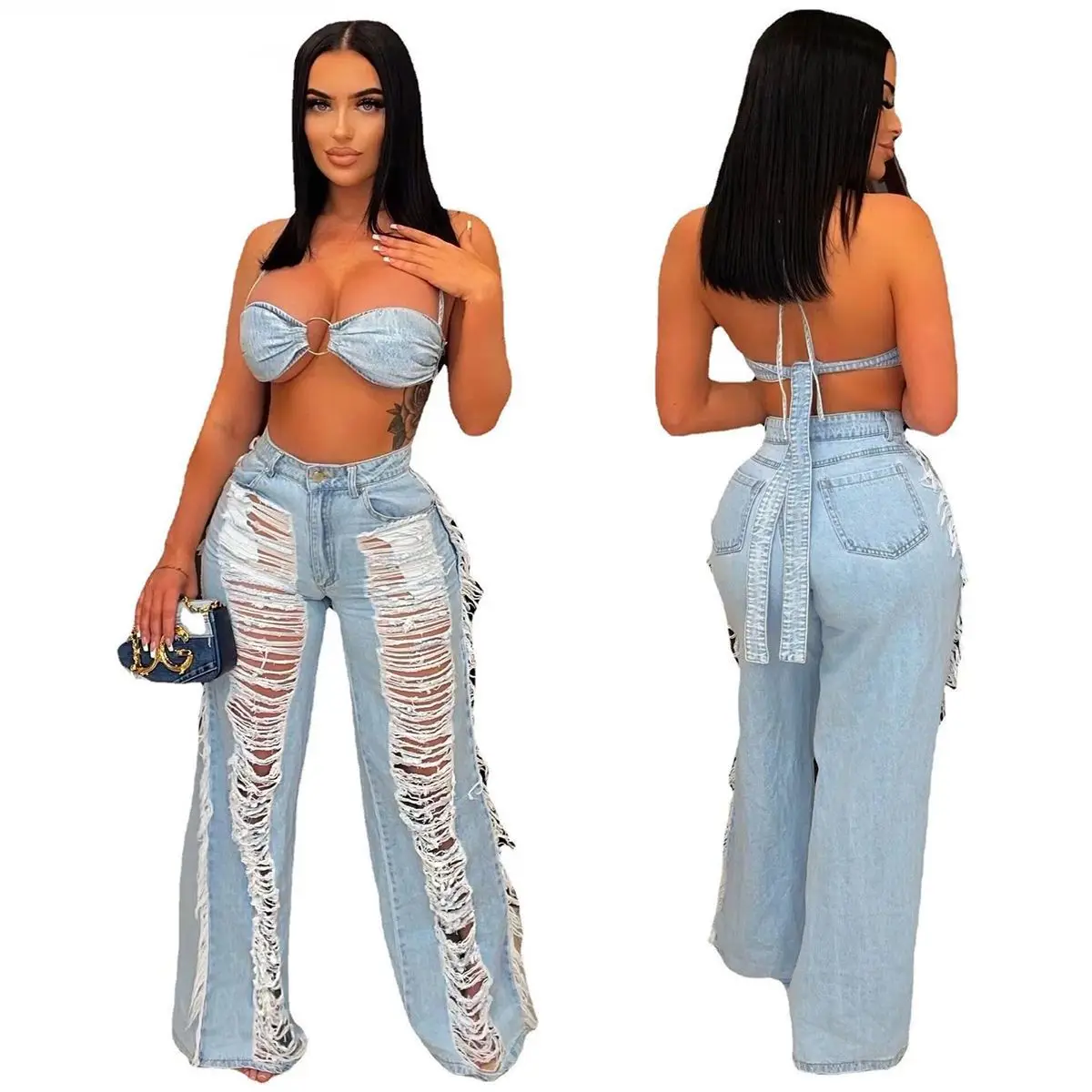 

Fashion 2 Piece Women'S Sets Blue Halter Bra Top And Side Tassel Ripped Jeans Set Casual Denim Suits Set For Women