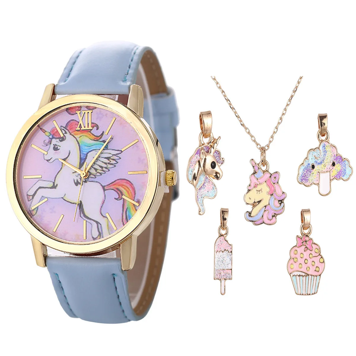 

Children's fashion cute cartoon unicorn dial belt quartz watch necklace set, As pic