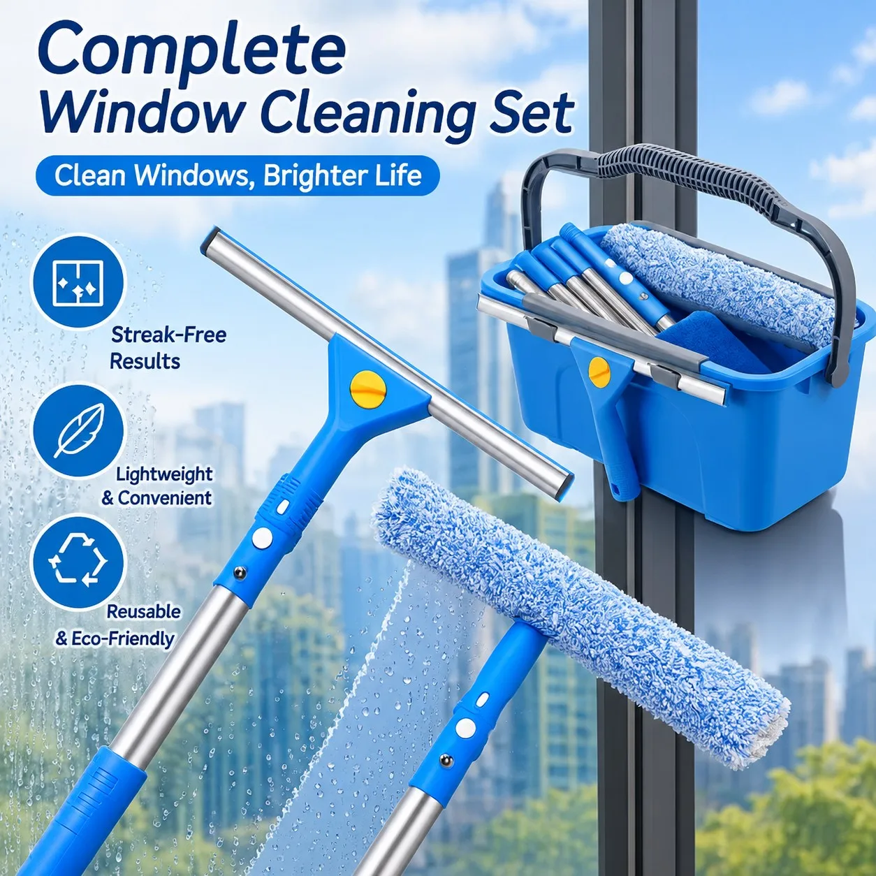 Window cleaning kit with a blue bucket caddy, telescopic stainless steel handle, squeegee and microfiber washer