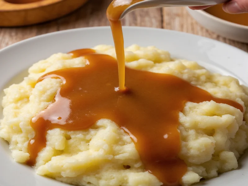 Finished brown gravy poured over mashed potatoes