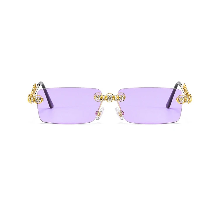 

New Trendy Small Size Rectangle Frameless Rhinestone Sun Glasses Hot Sale Women Rimless Ocean Lens Metal Sunglasses, Yellow;blue;pink;clear;blue pink;purple