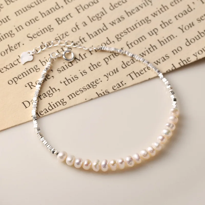 Korean Design Genuine 925 Sterling Silver Geometric Silver Beads Bracelets Strand Freshwater Pearl Quality Women Beaded Bracelet