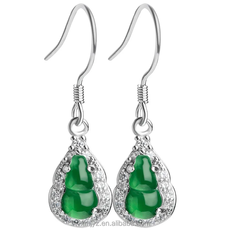 

Certified Grade A S925 Silver Inlaid Natural Jade Gourd Yang Green Ice Stone Earrings Fashion Ornament