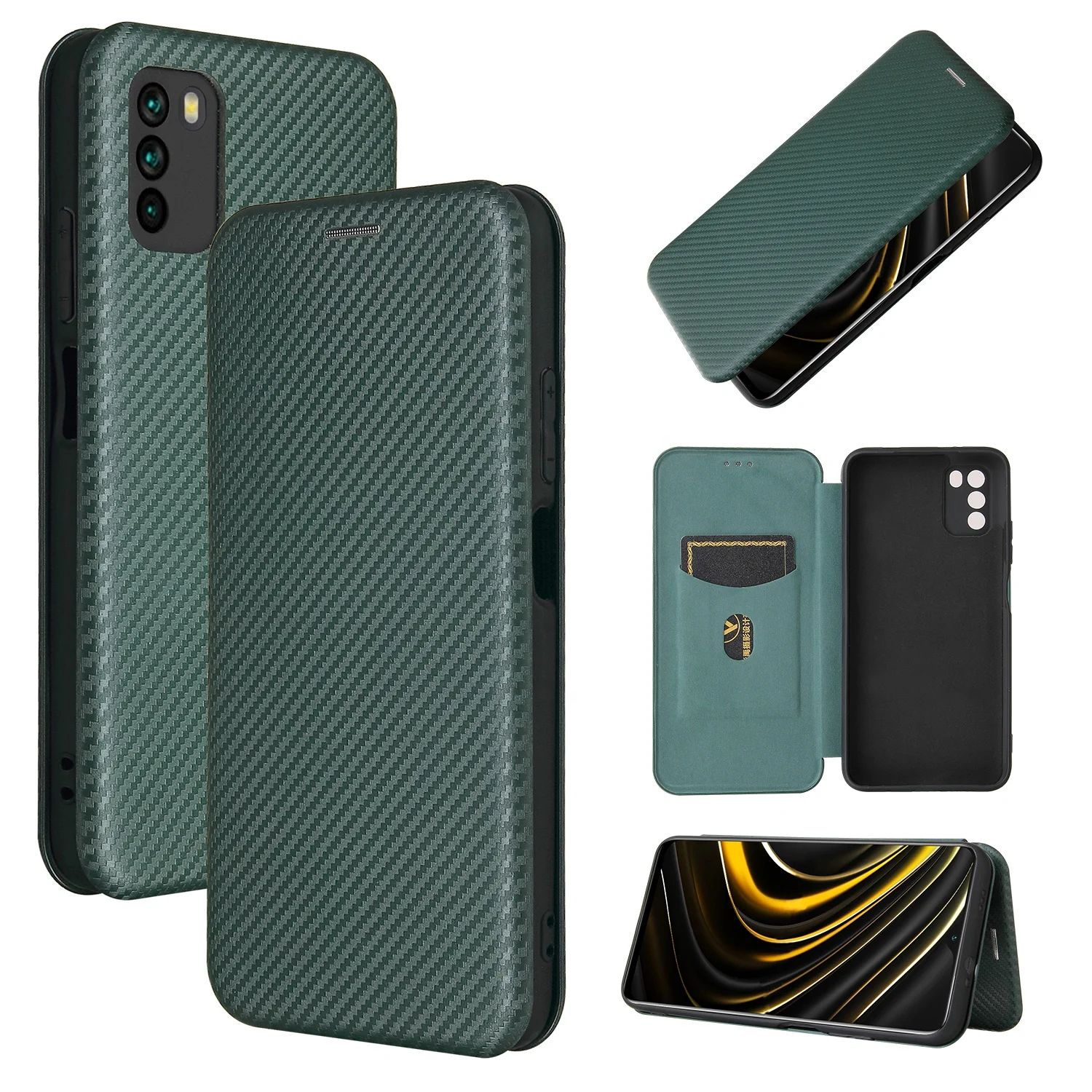 

Hot Sale Carbon Fiber Brush PU Leather Cell Phone Case for Xiaomi Note 9 5G Flip Card Holder Back Cover for Xiaomi POCO M3, Multi colors
