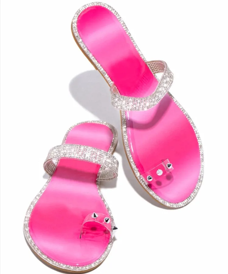 

New Slippers Women's Summer 2021 Flat Flat Hollow Out Diamond Beach Shoes in Large Size with Slippers