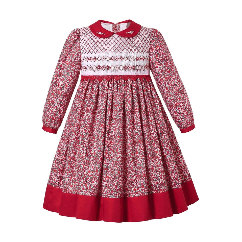 

2021 Pettigirl Unique Hand Made Smockeed Dress Floral Red Smocked Dress Attractive Girl Smocked popular Dress