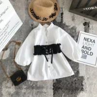 

2019 New fashion Girl White Shirt with Black Waist Band Children Girl Puff Sleeve Blouse for spring autumn 2-8T