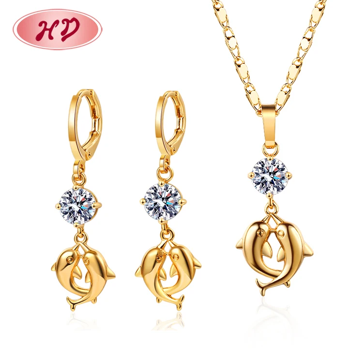 

jewellery manufacturing company 18k gold plated zirconia dolphin necklace and earring jewelry sets for women