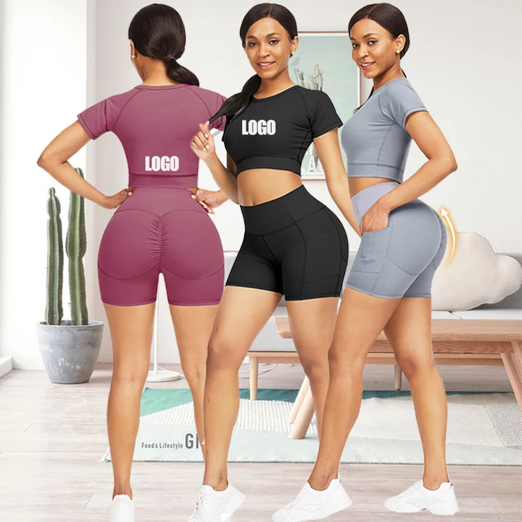 

Custom Logo High Waist Tight Womens Active Wear Scrunch Butt Fitness Shorts Yoga Set, Shown