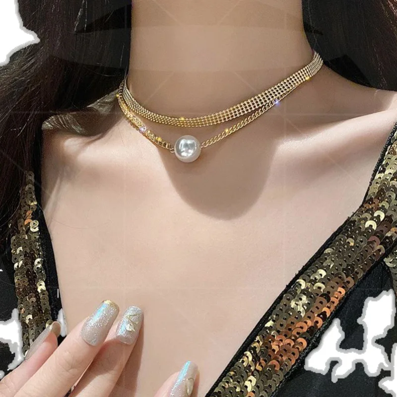 

Big Single Pearl Necklaces Fashion Half Tennis Chain Half Cuban Link Gold Women's Luxury Necklace Jewelry