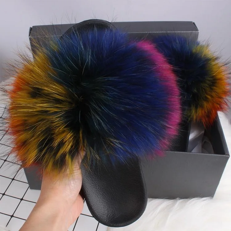 

Soft fur slippers summer indoor real raccoon fur women home slipper plush sandals