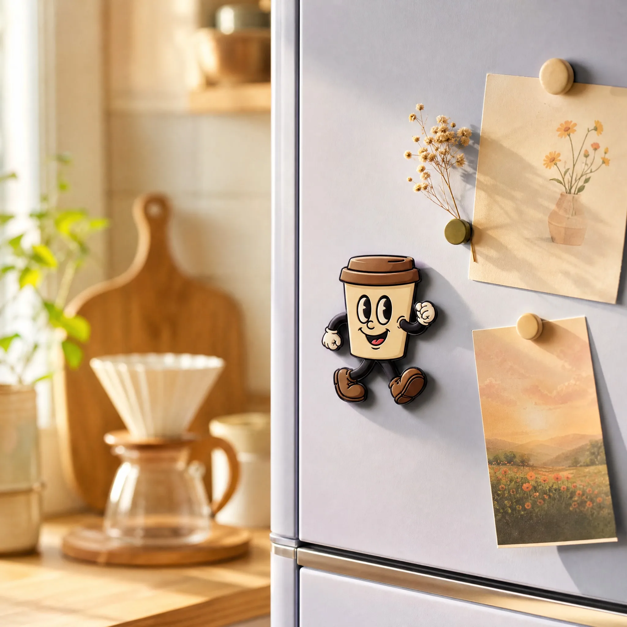 Warm Cozy Kitchen Lifestyle Scene Featuring Custom Soft PVC Coffee Refrigerator Magnet