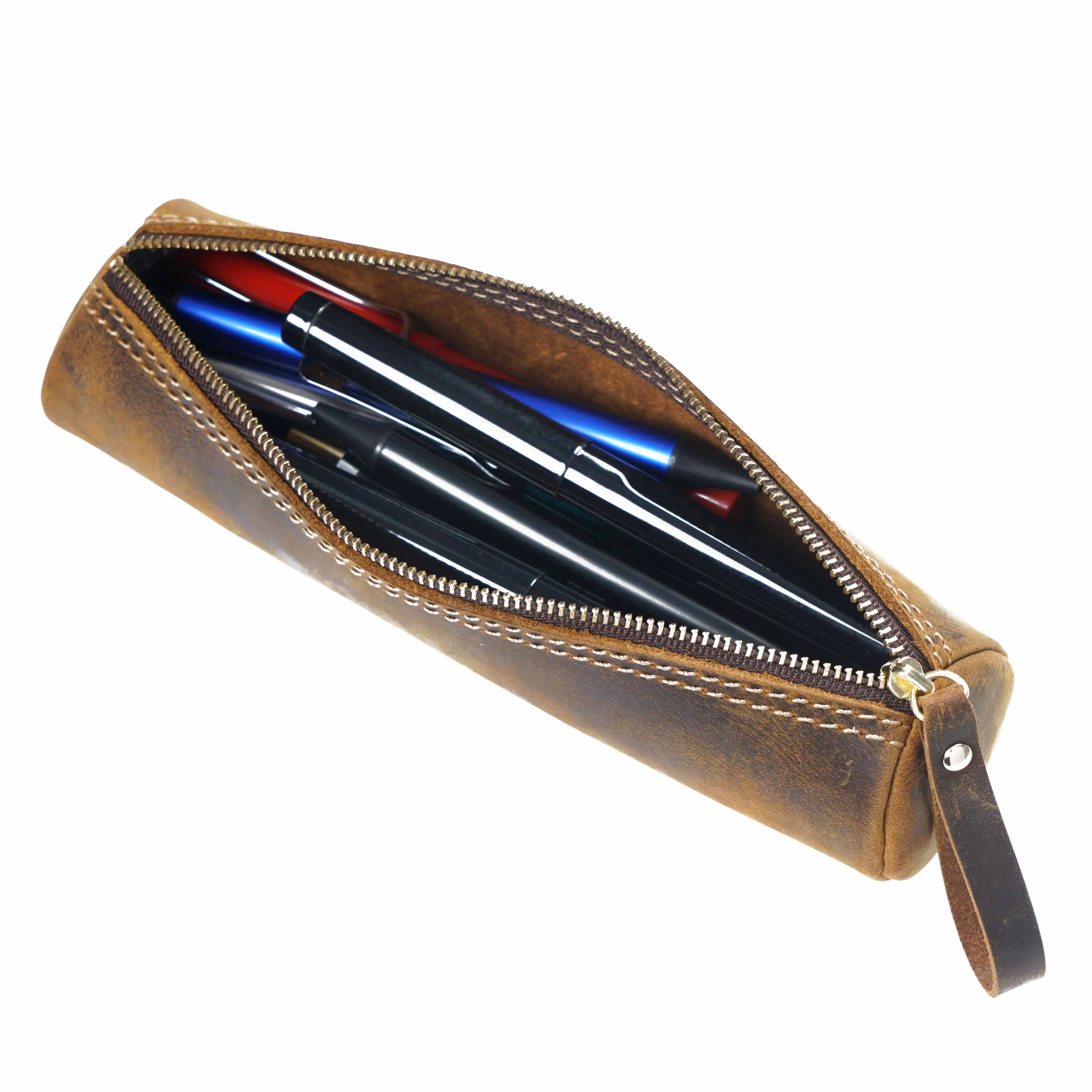 AIGUONIU Genuine Vintage Crazy Horse Leather Zipper Pen Pouch Large Capacity Handmade School Stationery Pencil Bag