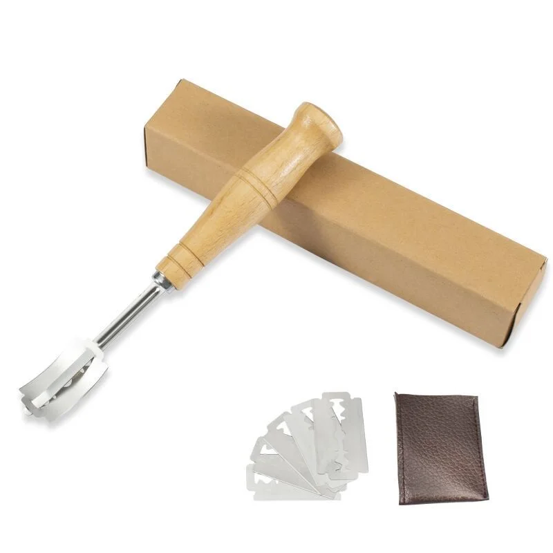 

Premium Hand Crafted Bread Lame Dough Knife Included 5 Blades and Leather Protective Cover For Baking Tool